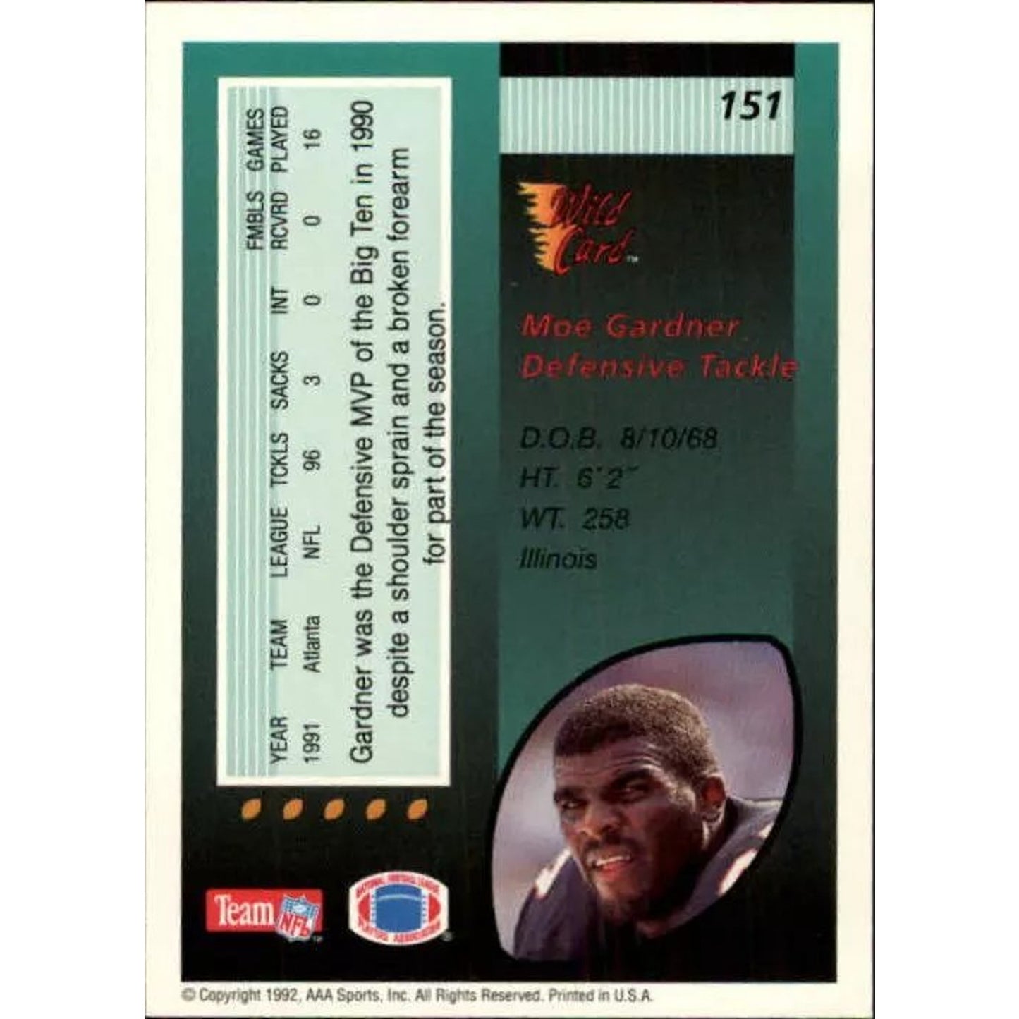 1992 Team NFL, AAA Sports, Inc., Wild Card Moe Gardner #151 Rookie RC
