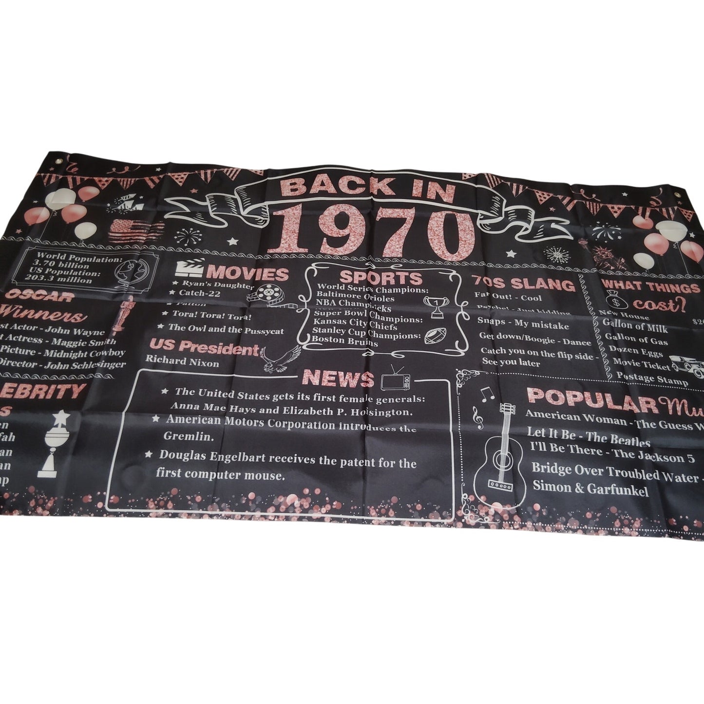 1970 Back‑In‑1970 Year of Remembrance Banner w/ 6 Foil Twists & 6 PomPoms – NIP