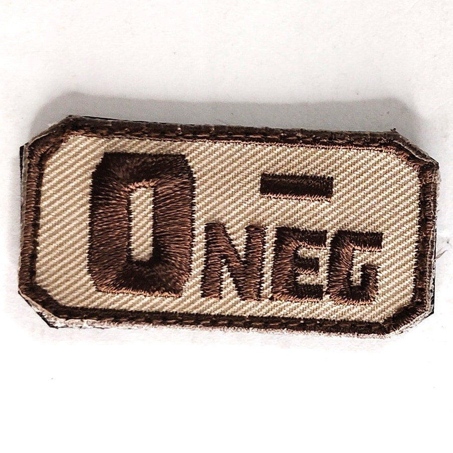 O- NEG Blood Type Patch Brown on Tan 2" × 1" Hook‑Back