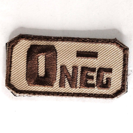 O- NEG Blood Type Patch Brown on Tan 2" × 1" Hook‑Back
