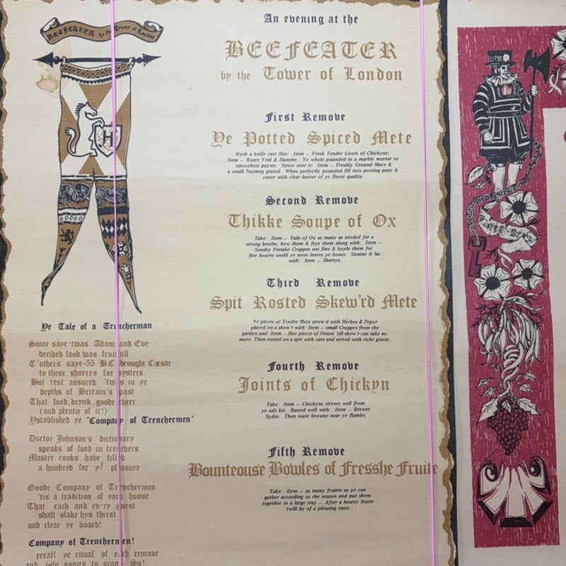 VTG Beefeater Tower of London Dinner Menu & Certificate– 16x12 Cream/Red Scrolls
