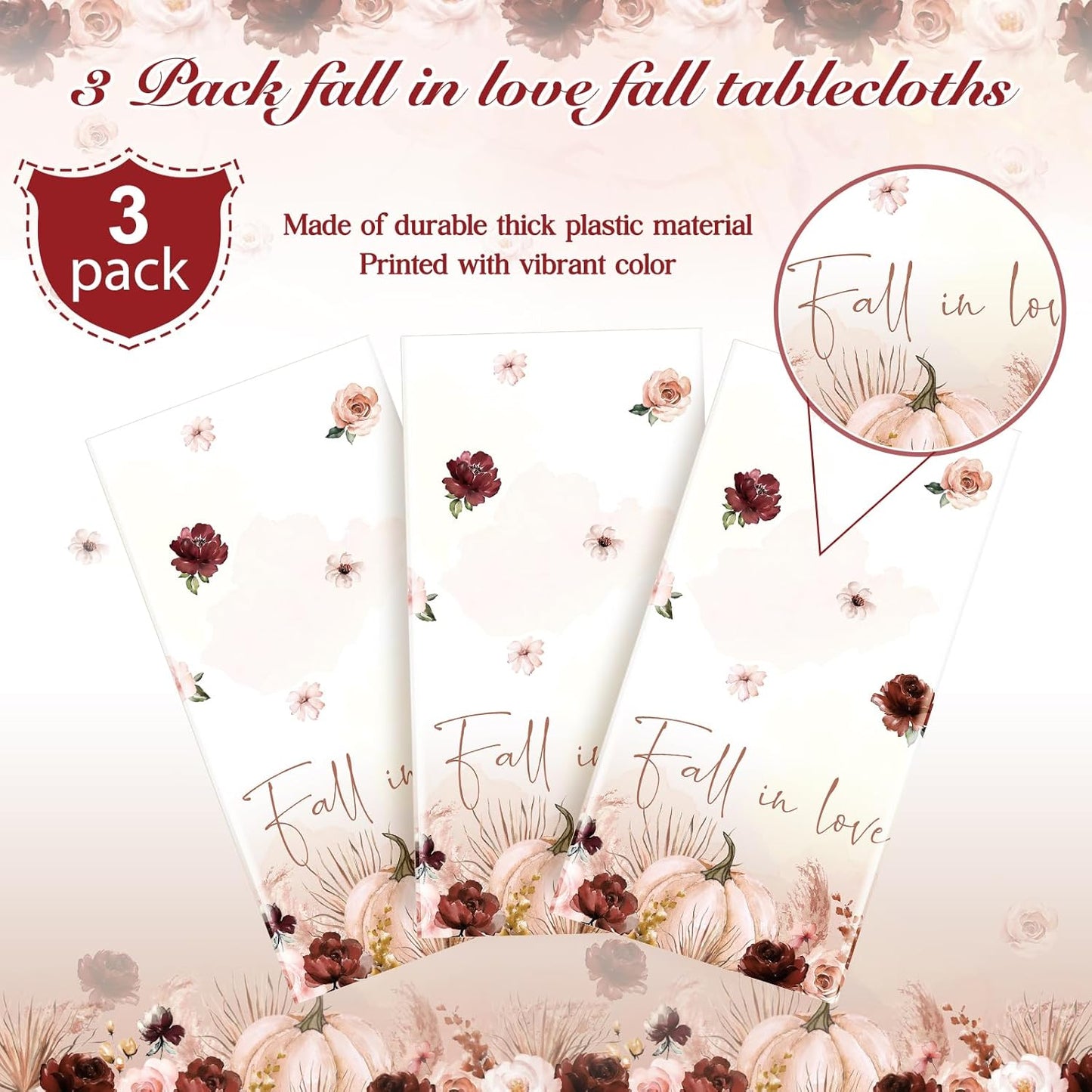 3 Pcs Fall In Love, Pumpkin Floral Tablecloths – 108x54" Disposable Party Decor