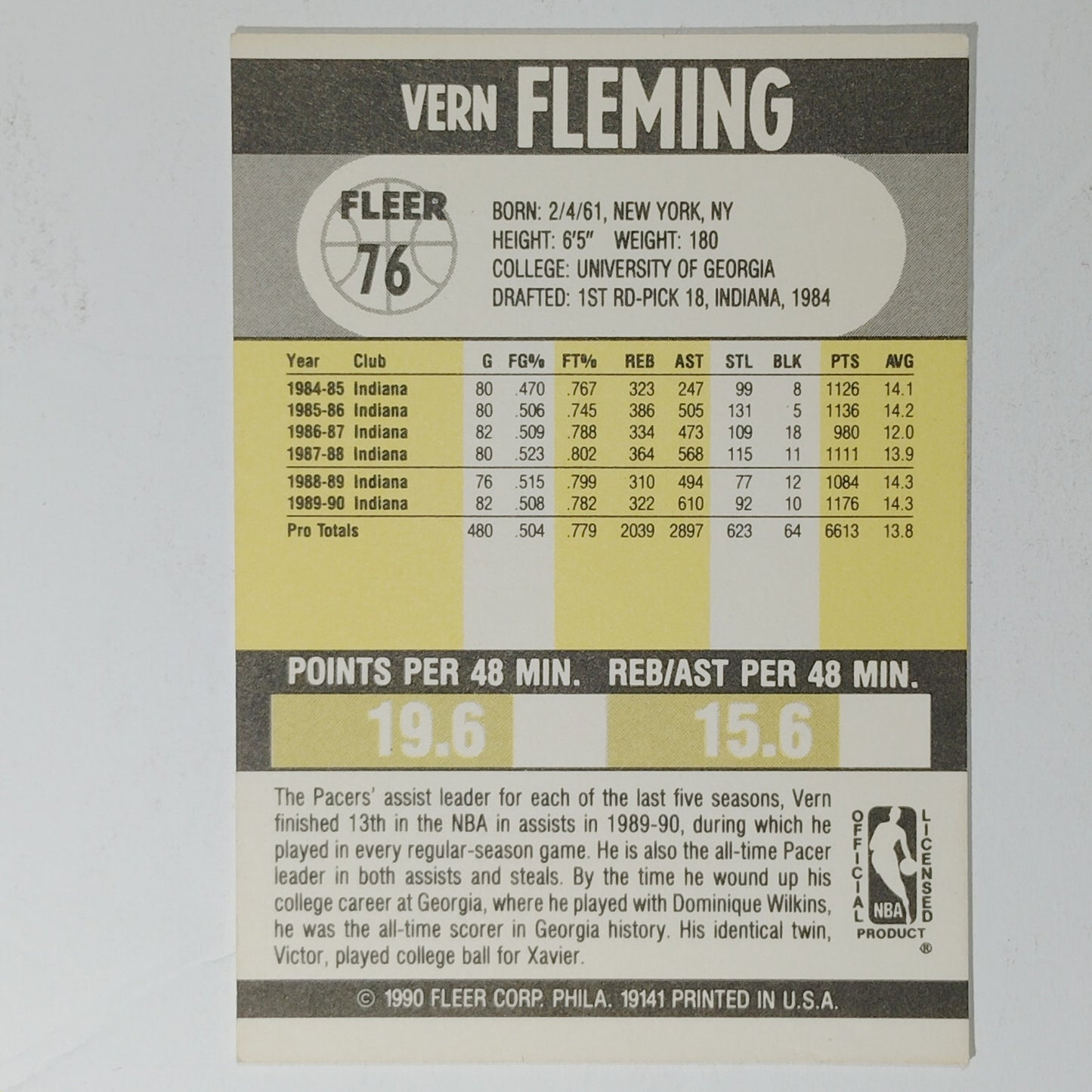 1990 Fleer Vern Fleming #76 – Indiana Pacers – Guard – NBA Card