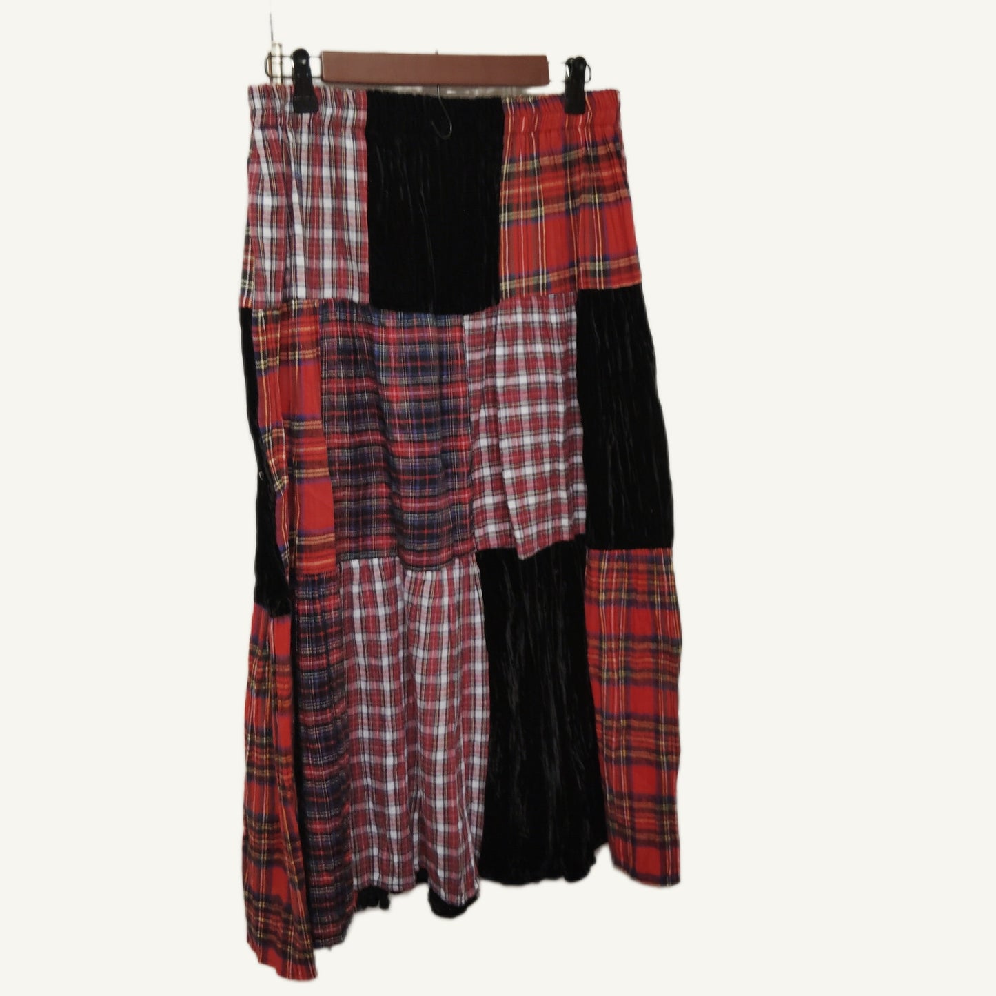 Coldwater Creek Vintage Plaid & Velvet Patchwork Maxi Skirt PL Red Black
