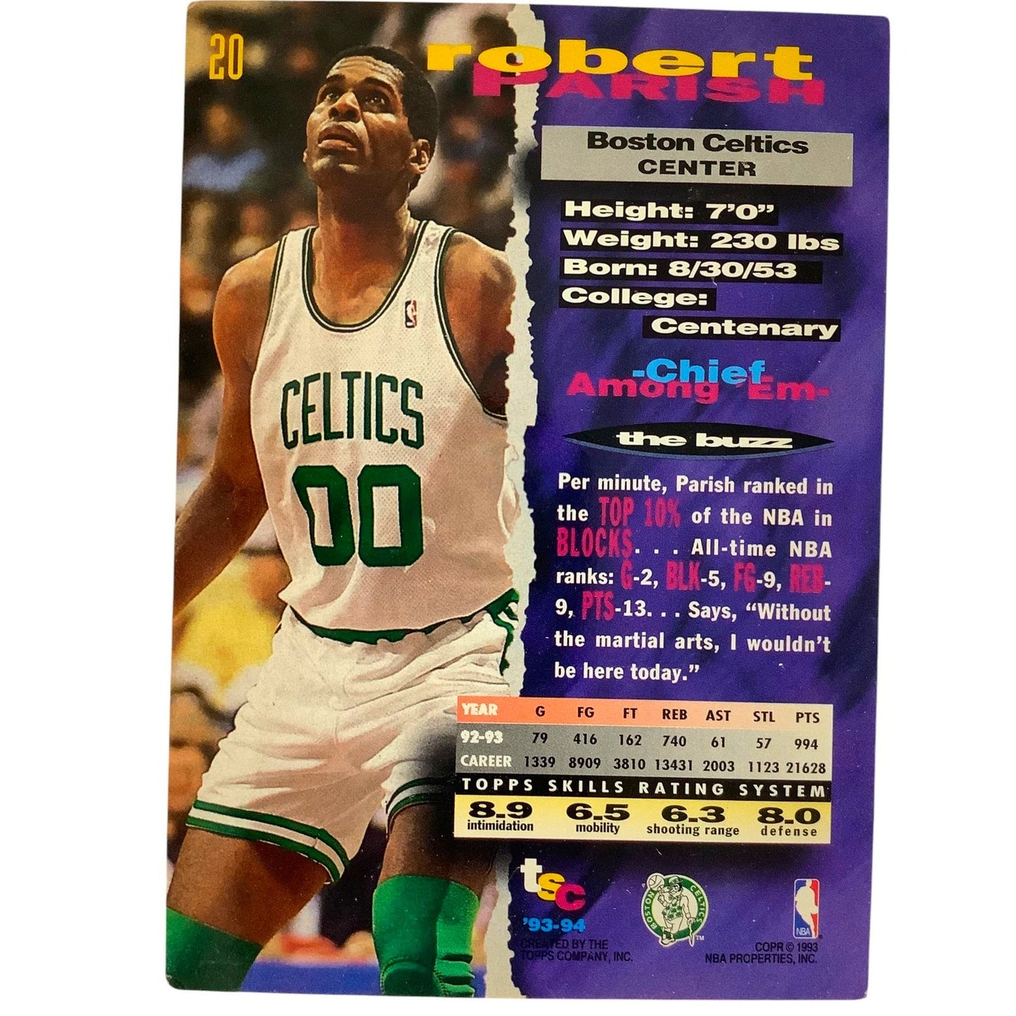 Robert Parish, Boston Celtics, 1993 Topps Stadium Club Card 20, EXC
