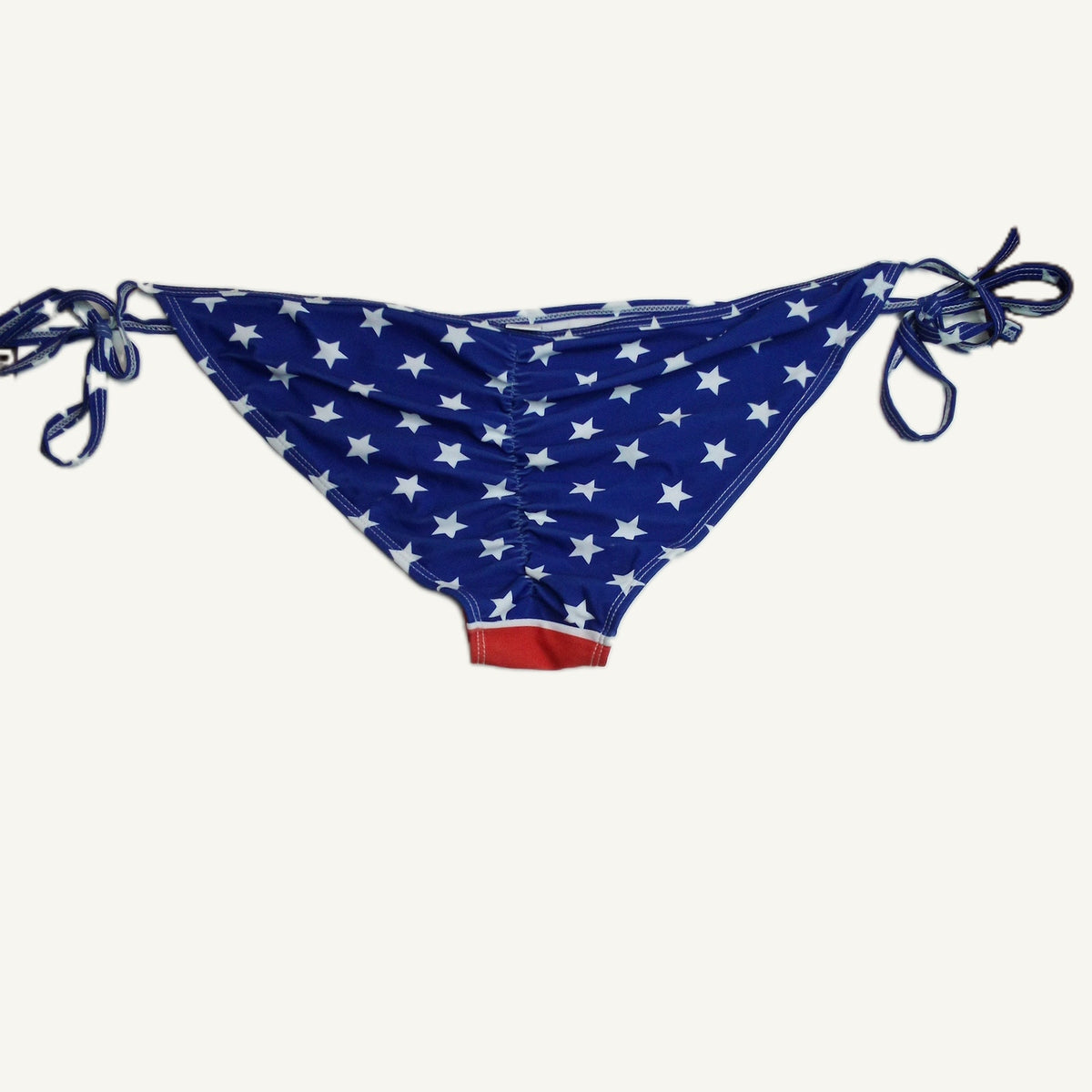 USA Flag Tie-Side Bikini Bottoms - Patriotic Red & Blue Swimwear (Size L)