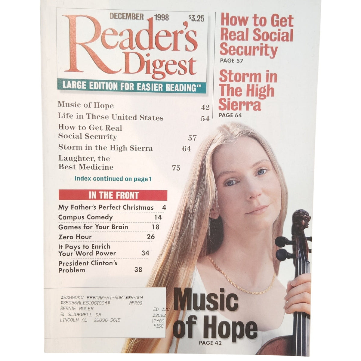 Reader's Digest Large Edt December 1998 Large Print, Music of Hope, Bill Clinton