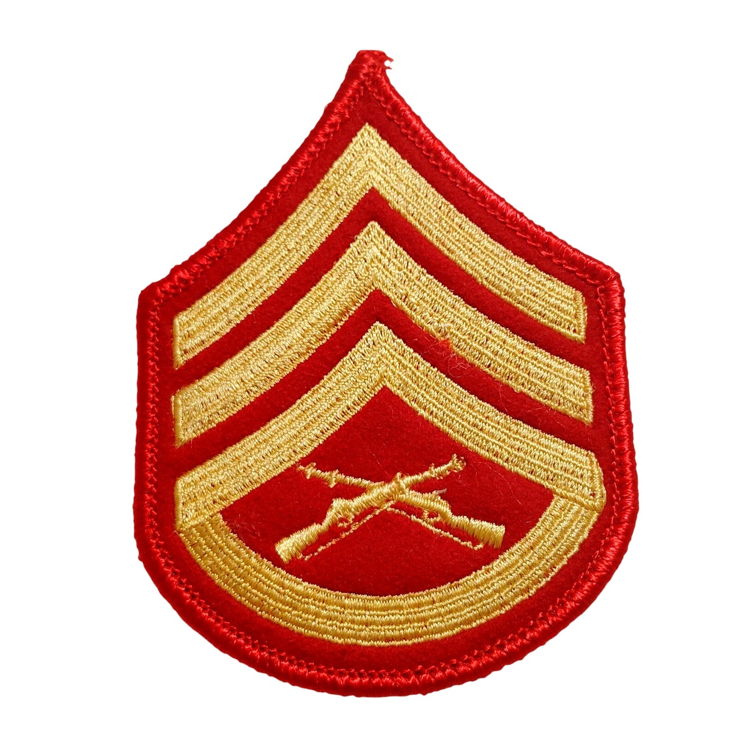 USMC Staff Sergeant E‑6 Chevrons – Gold on Red – Female – 3‑3/4" × 2‑7/8"