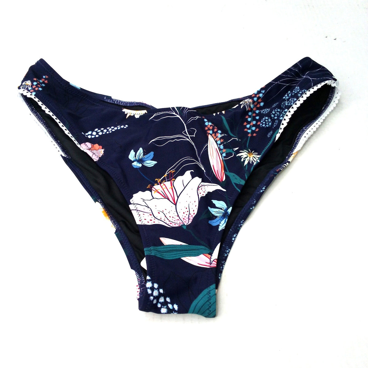 Cupshe Navy Floral Print Swim Bottoms Lace Trim XL Scalloped Bikini Bottom