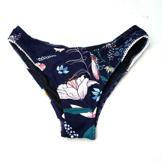 Cupshe Navy Floral Print Swim Bottoms Lace Trim XL Scalloped Bikini Bottom