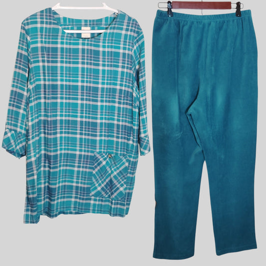 Blair Teal Plaid Tunic Pullover Corduroy Pant Set Women’s Large Excellent Estate