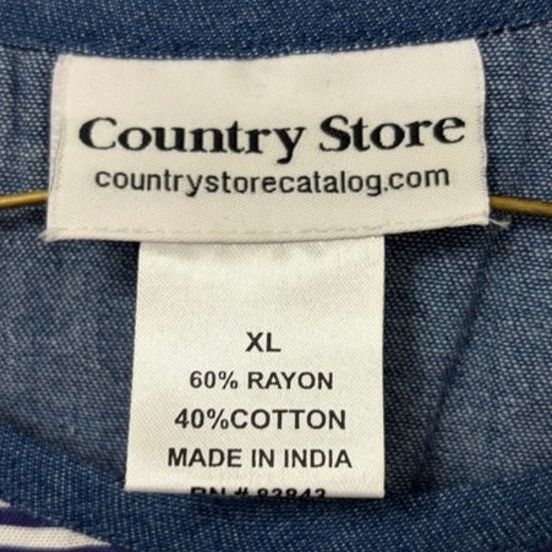 Country Store XL Denim Striped Henley Tunic Top - Blue & White Casual