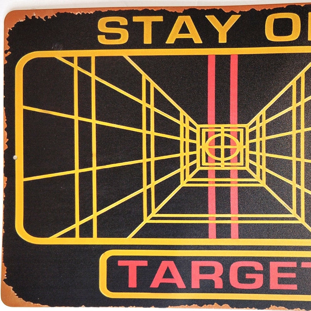 Stay On Target Tin Sign 12×8 Retro Grid Sci‑Fi Inspired Metal Wall Art Decor