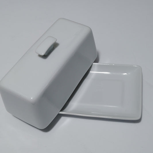 Essentials 8" Maison Covered Butter Dish Rectangular Finial Handle White Ceramic