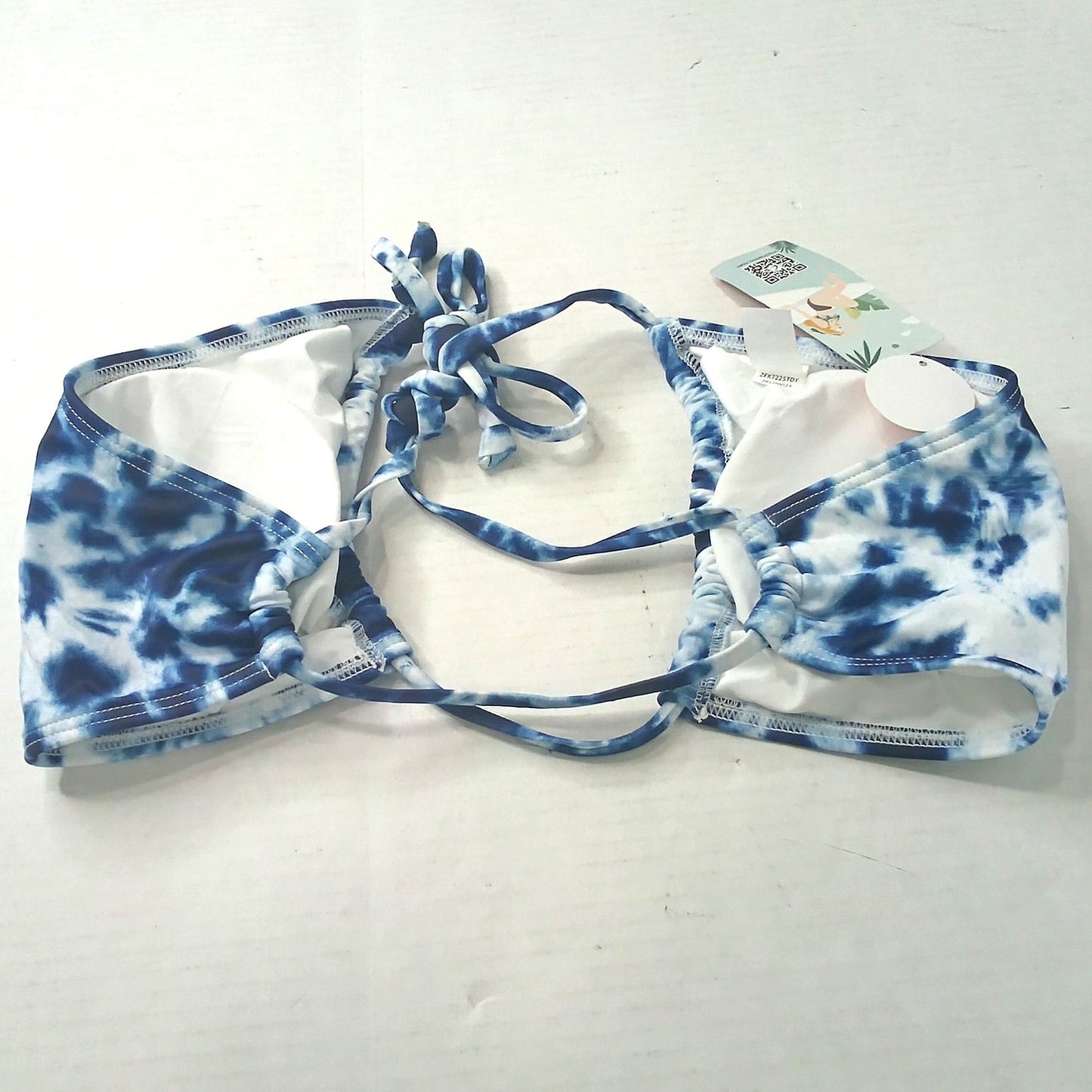 Charmo Blue White Tie Dye Halter Bikini Top Keyhole UPF 50 Women’s Large
