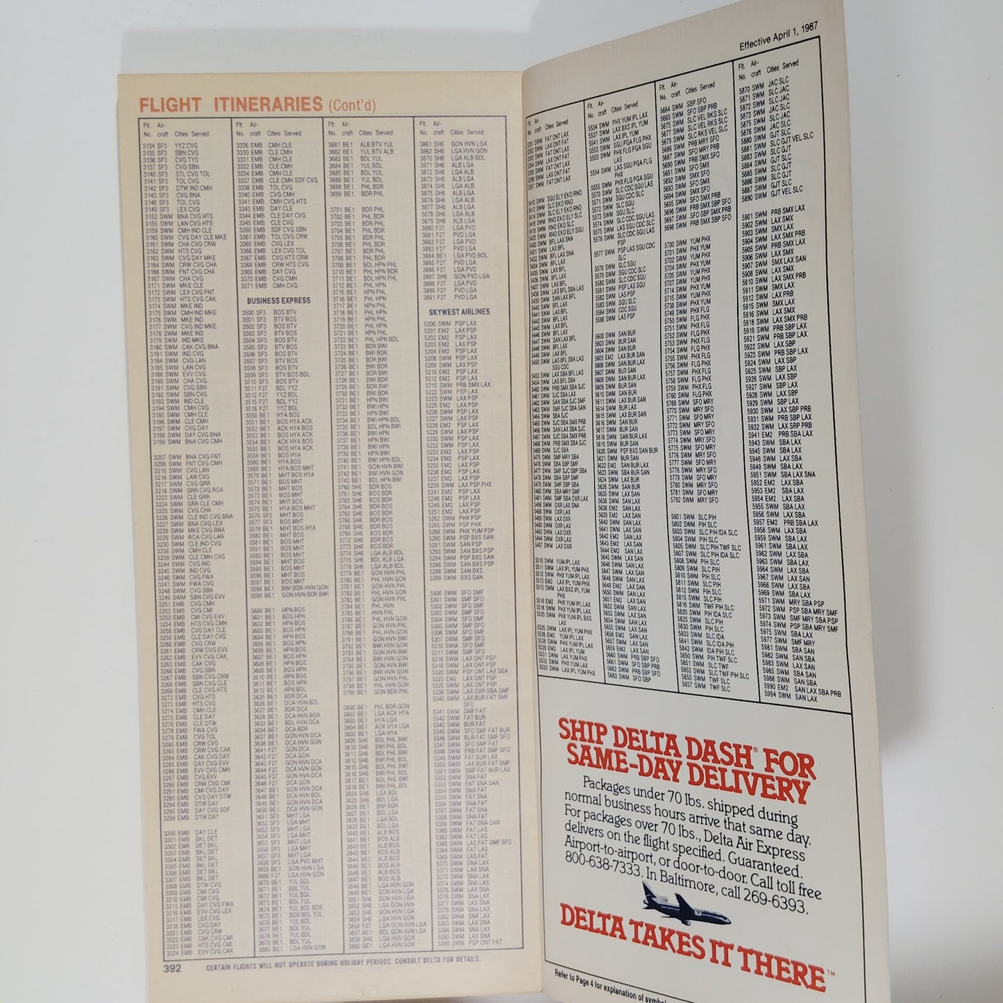 Delta Air Lines Timetable – April 1, 1987 – Western Merger Cover – 393 Pages