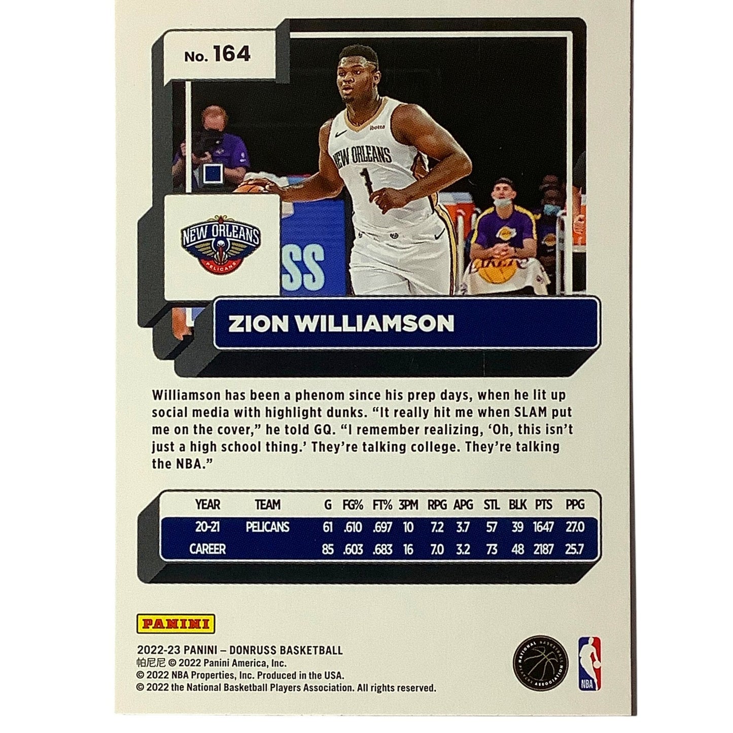 Zion Williamson, New Orleans Pelicans, Card #164, 2022-23 NBA Panini-Donruss
