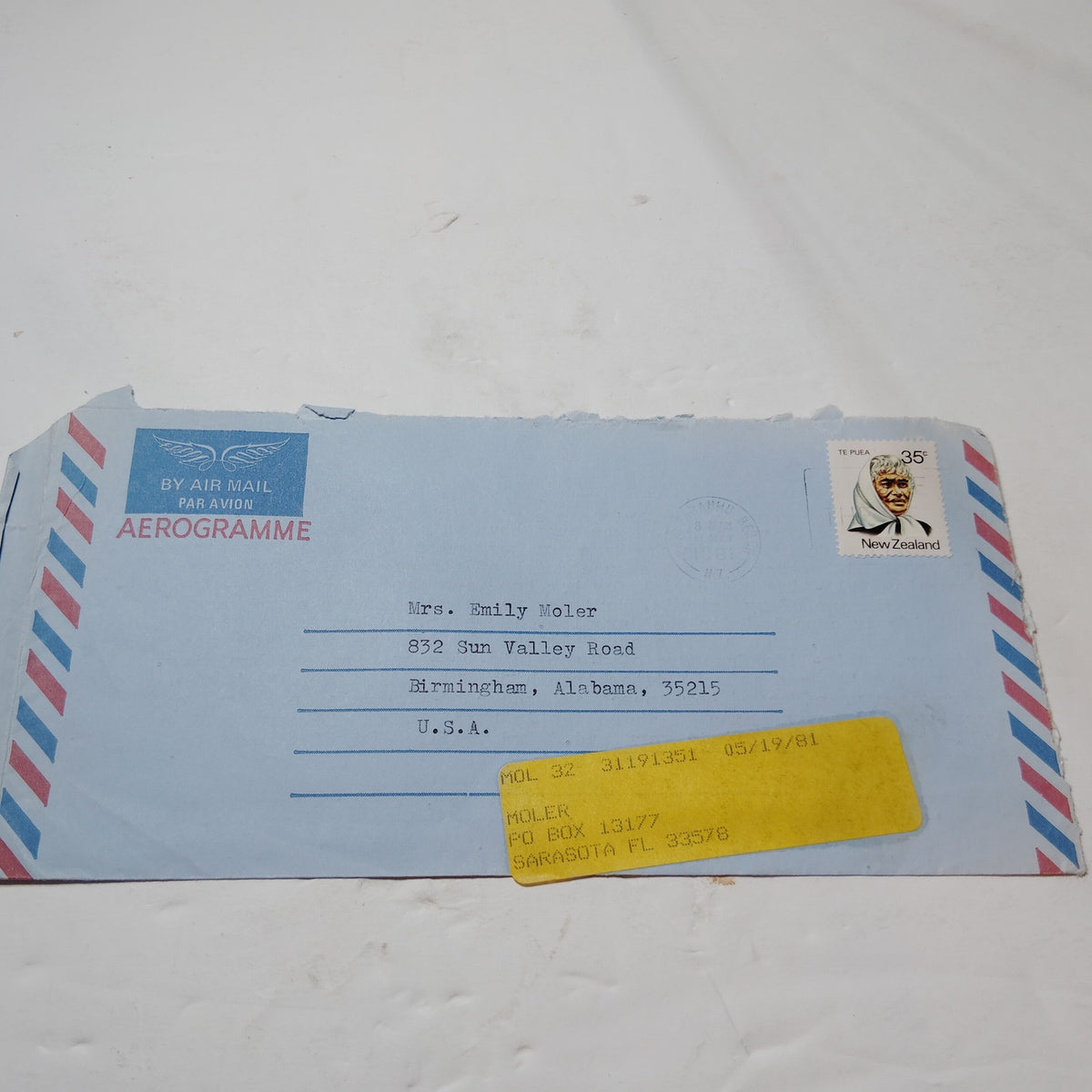 1981 New Zealand Aerogramme 35c Te Puea Stamp Cover w/ Letter to USA