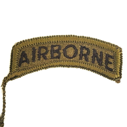 US Army Airborne Tab Subdued Dark Green Black Text Sew‑On 2‑3/8"
