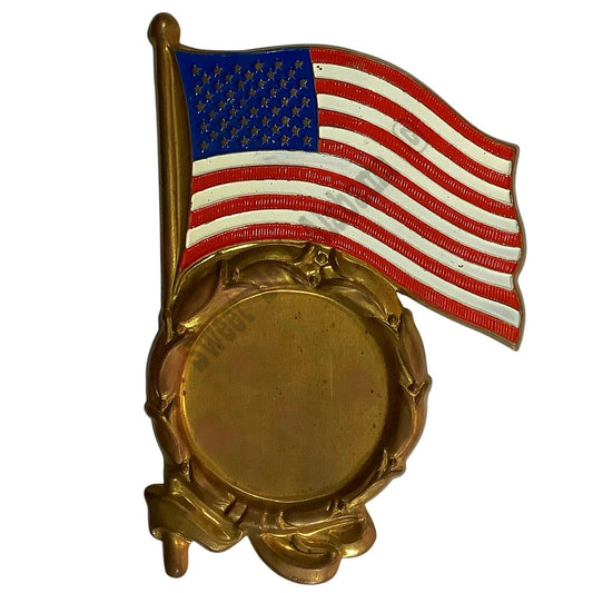 Vintage U.S Flag Plaque Mount, Holds 2" Inserts, Brass Toned Metal Display Piece