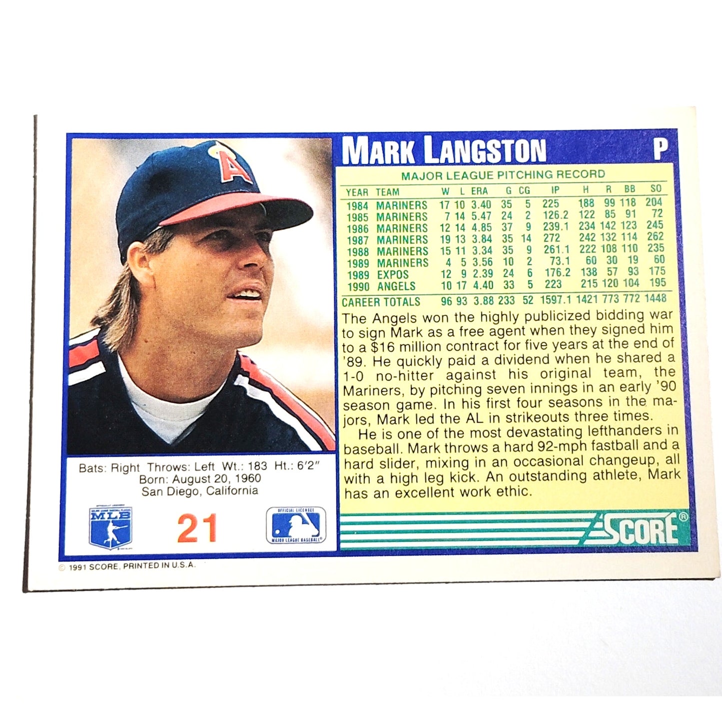 1991 Score Mark Langston #21 California Angels Pitcher MLB Baseball Card NM