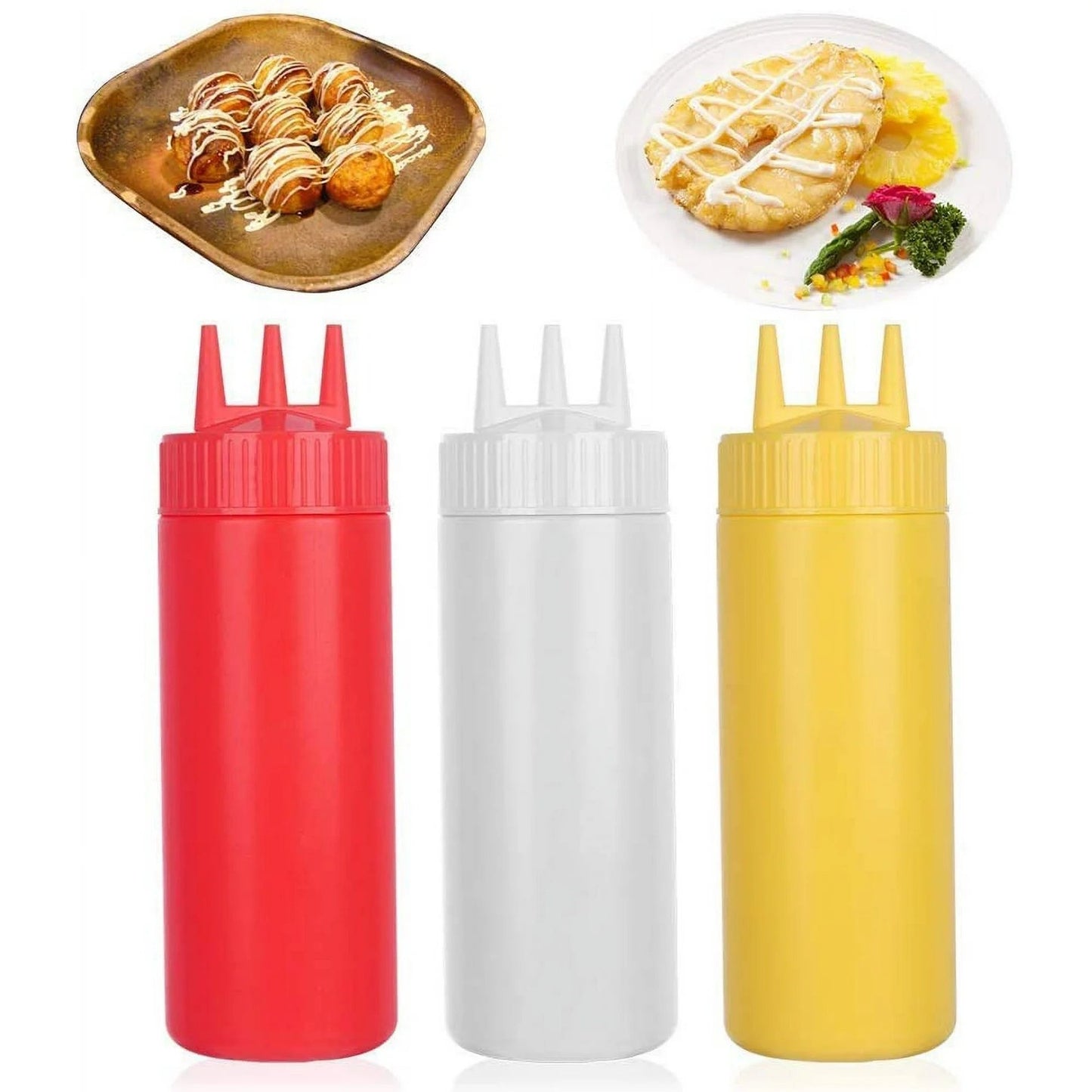 3pcs Seasoning 3-Hole Squirt Squeeze Bottles, 24 oz Red/Yellow/White 9"H x 2.5"D