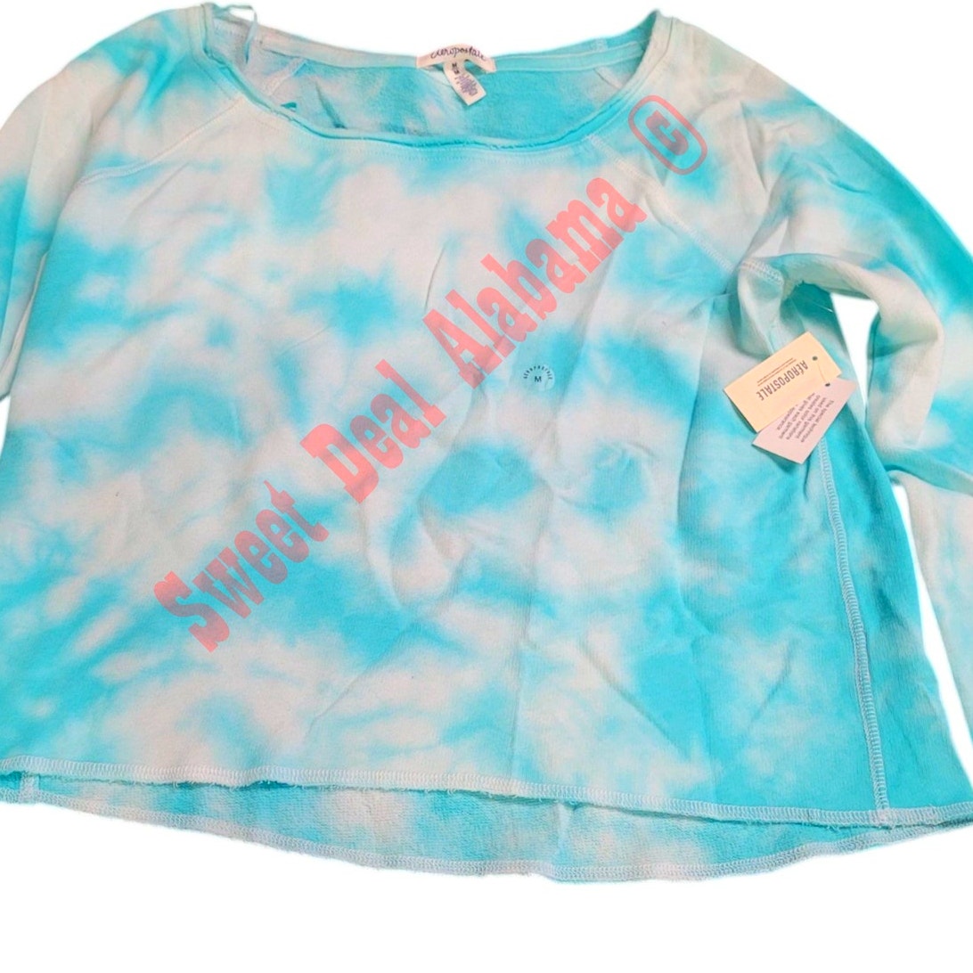 AEROPOSTALE Women's L/S Crop, Tie-Dye Blue Turquoise, Med. 36" Bust 20" Length