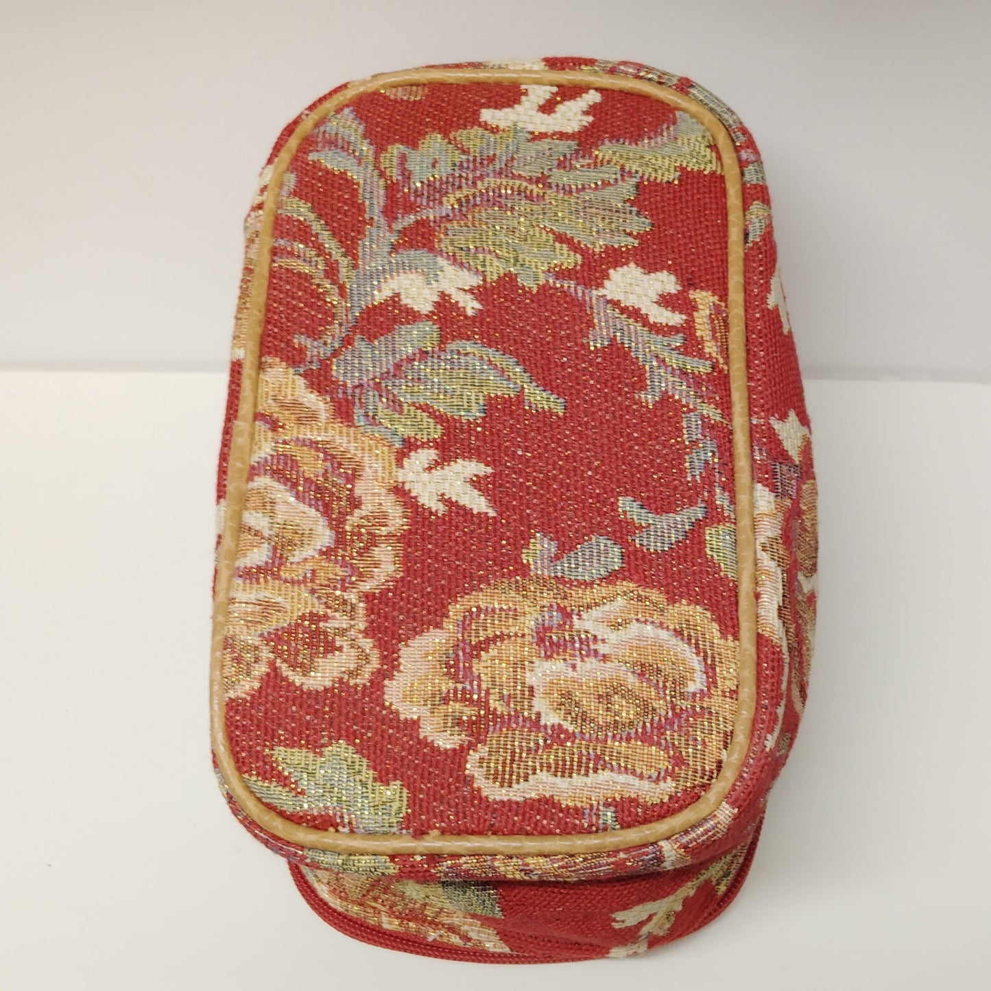Vintage Floral Tapestry Small Train Case Red Yellow Gold Travel Bag 8x4.5x4.75"