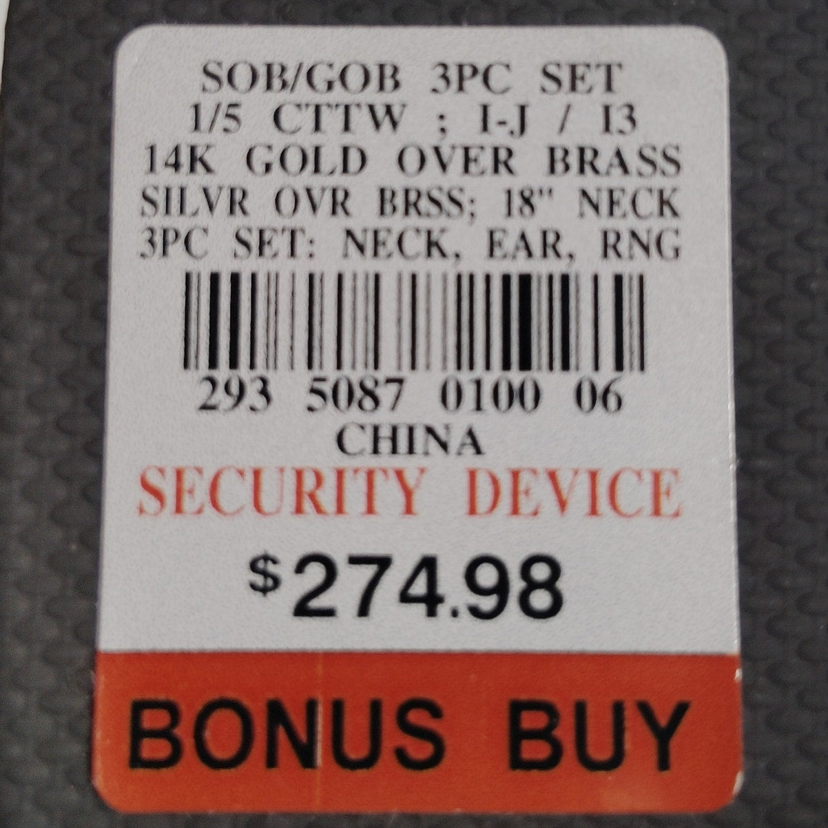 3PC Jewelry Set – 1/5 CTW – 14K Gold Over Brass – Necklace, Earrings, Ring Set