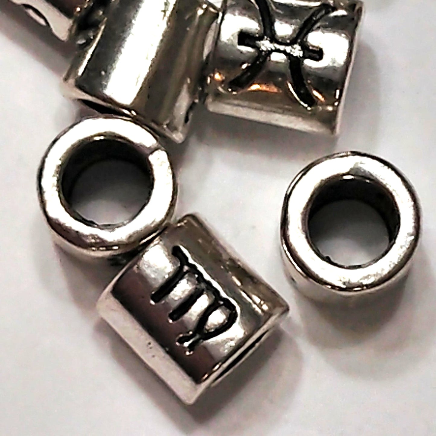 13‑Pack Zodiac Cylinder Beads Patinated Silver‑Tone Large‑Hole 7.5mm DIY Jewelr