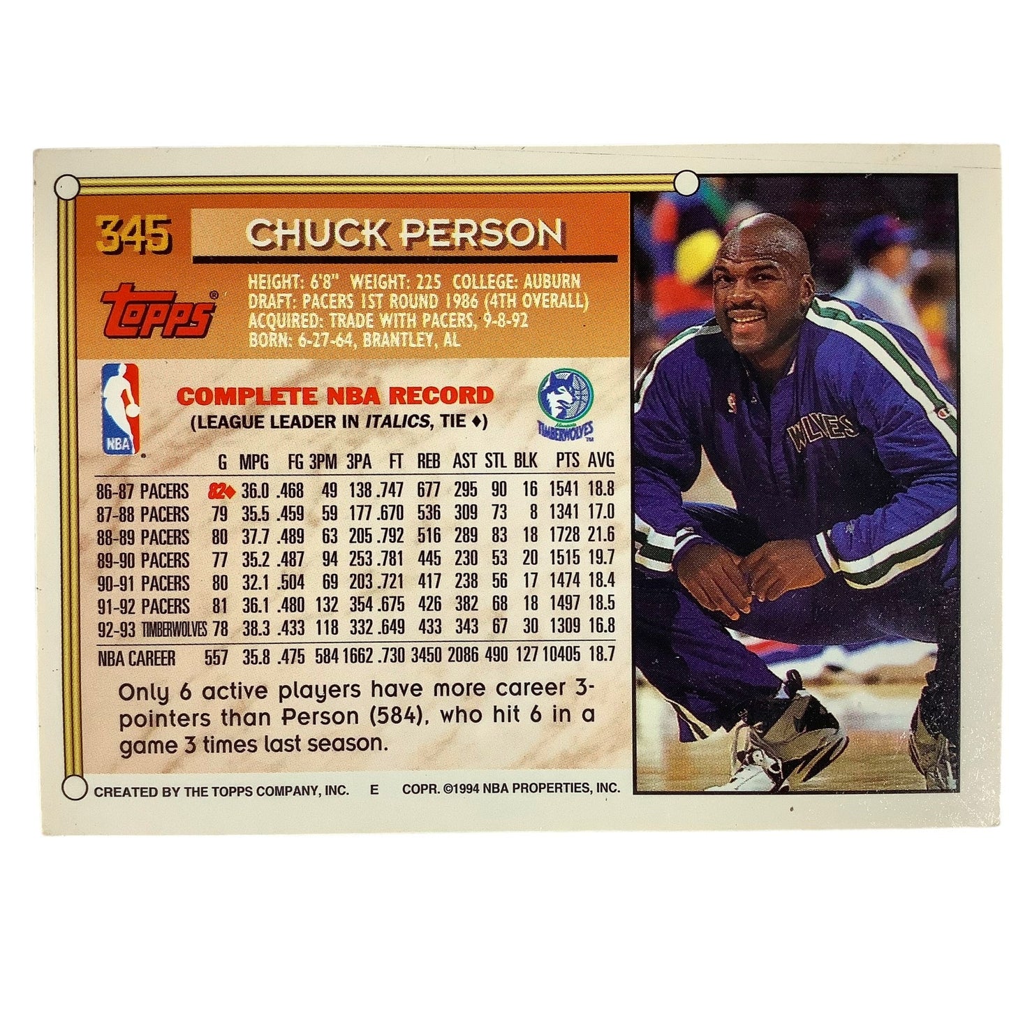 Chuck Pearson, Minnesota Timberwolves, 1993 Topps Collector's Card 345, EXC