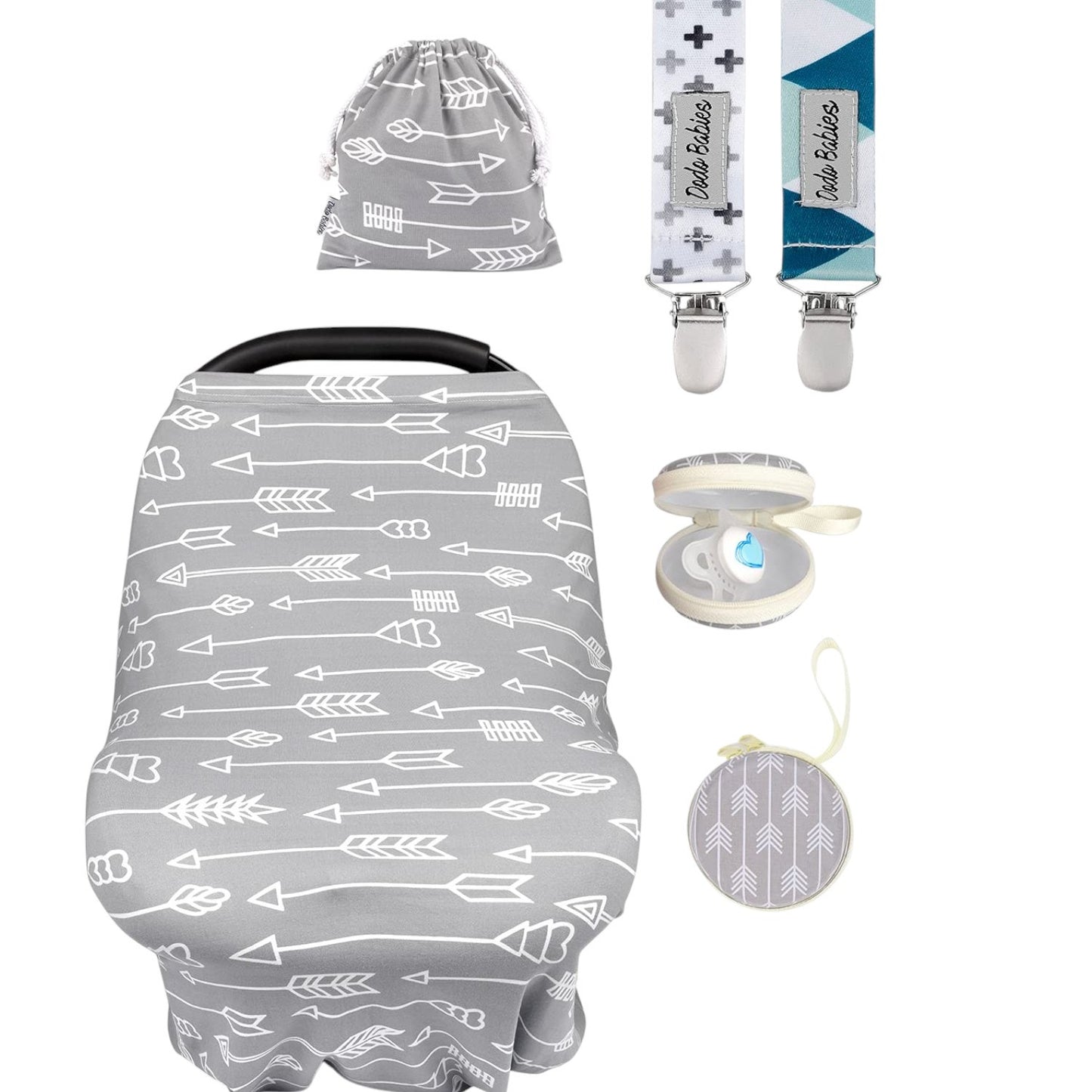 Dodo Babies Nursing Cover Set, Scarve / Car Seat Cover, 2 Pacifier Clips & Case