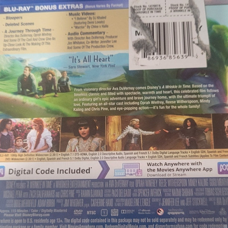 A Wrinkle in Time Blu-ray DVD, Disney Sci-Fi Fantasy Movie Storm Reid Oprah 2018