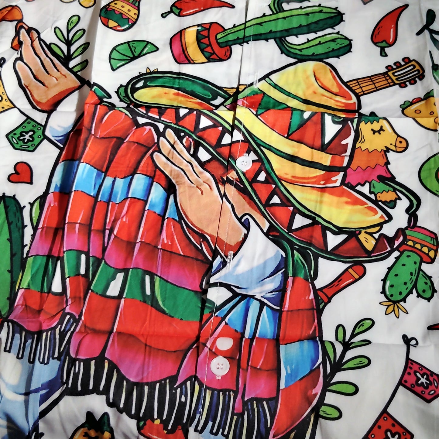 Mens Mexican Fiesta Hawaiian Shirt Taco Chili Sombrero Print Button Up Medium
