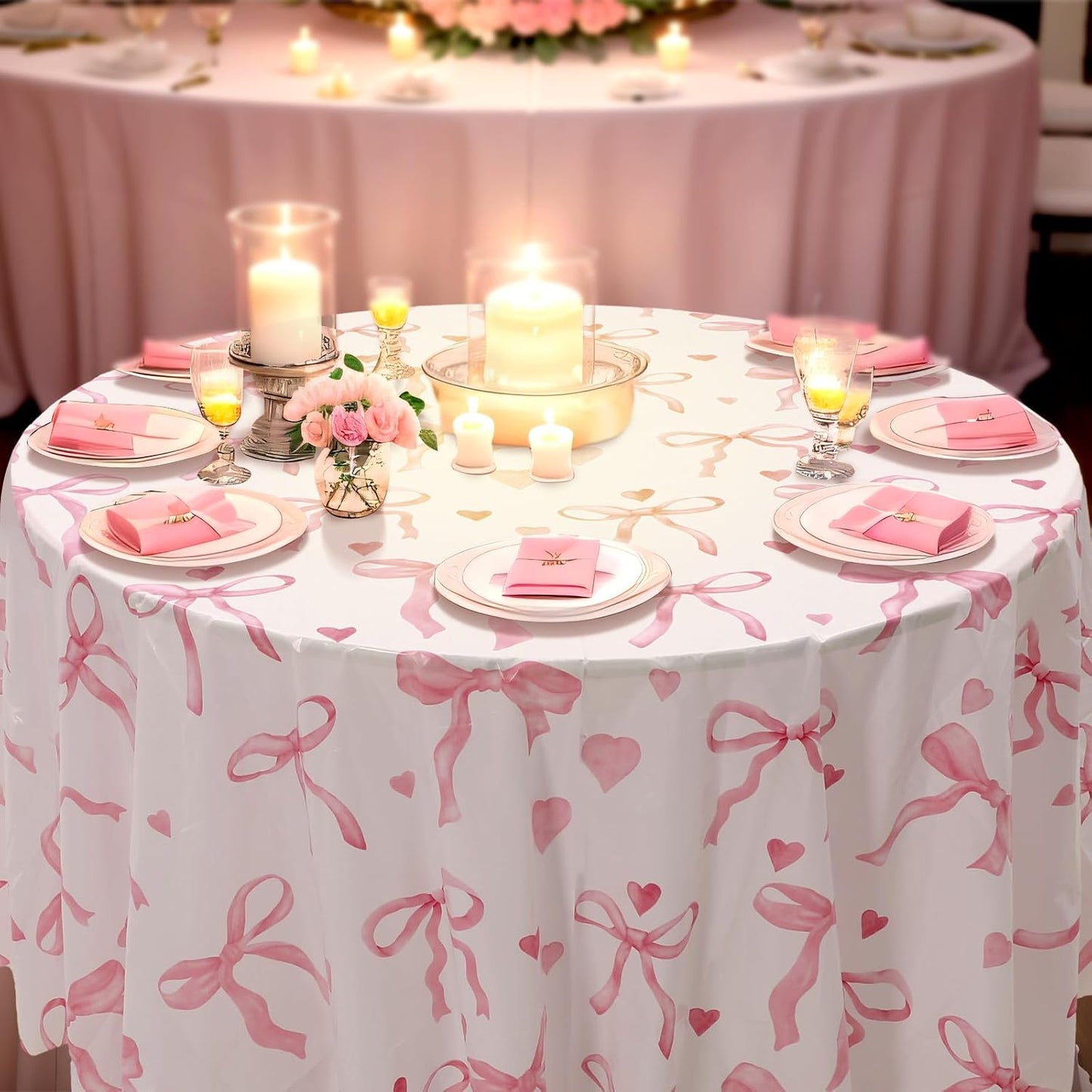 7 Pcs Pink Bow Round Tablecloths 84" Plastic Coquette Party Table Covers