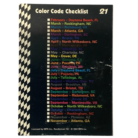 1992 Richard Petty Fan Appreciation Color Code Checklist, Food Lion MPA Card #21