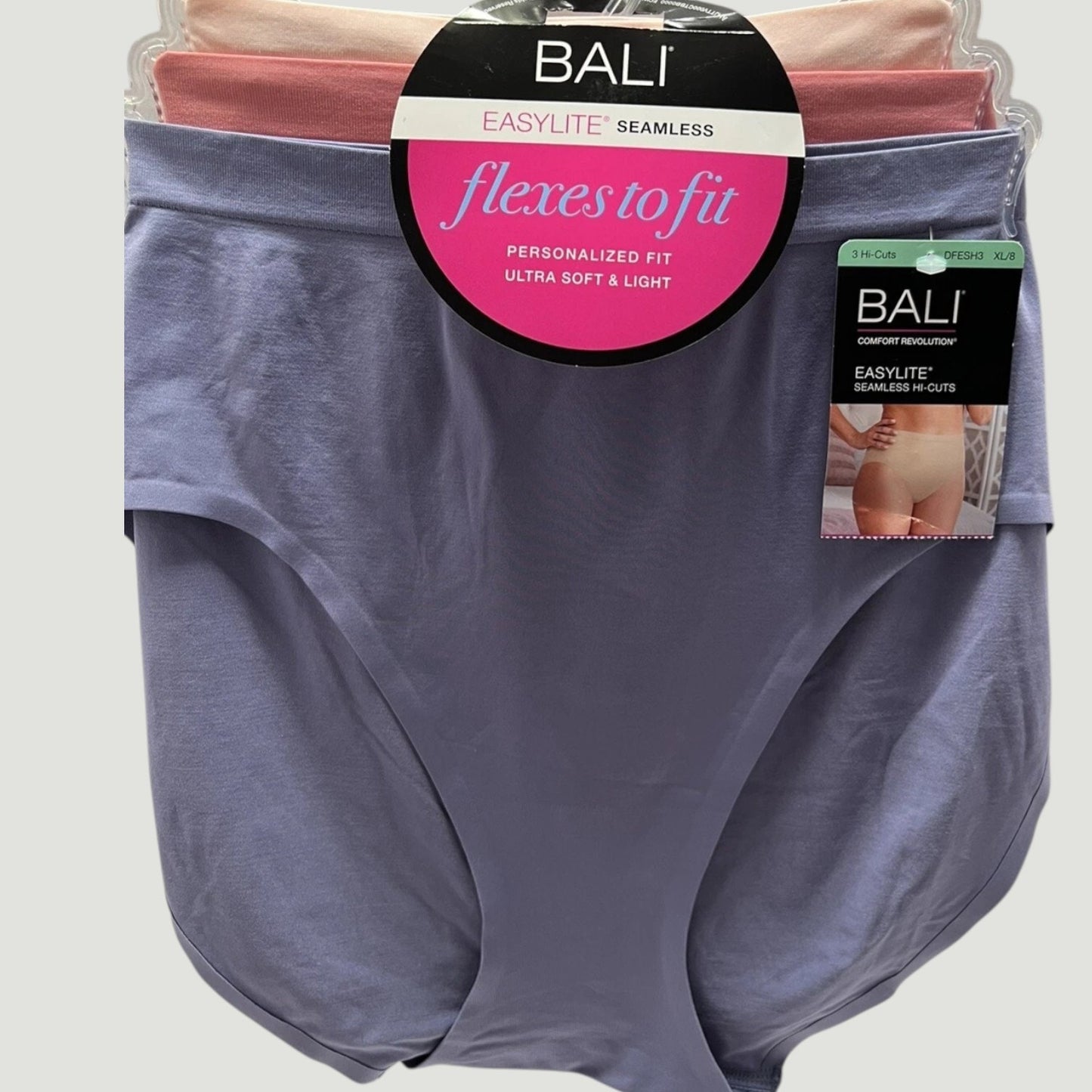 Bali EasyLite Seamless Hi‑Cut Panty 3 Pack - Pink, Mauve, Glow Blue, Size 8 / XL