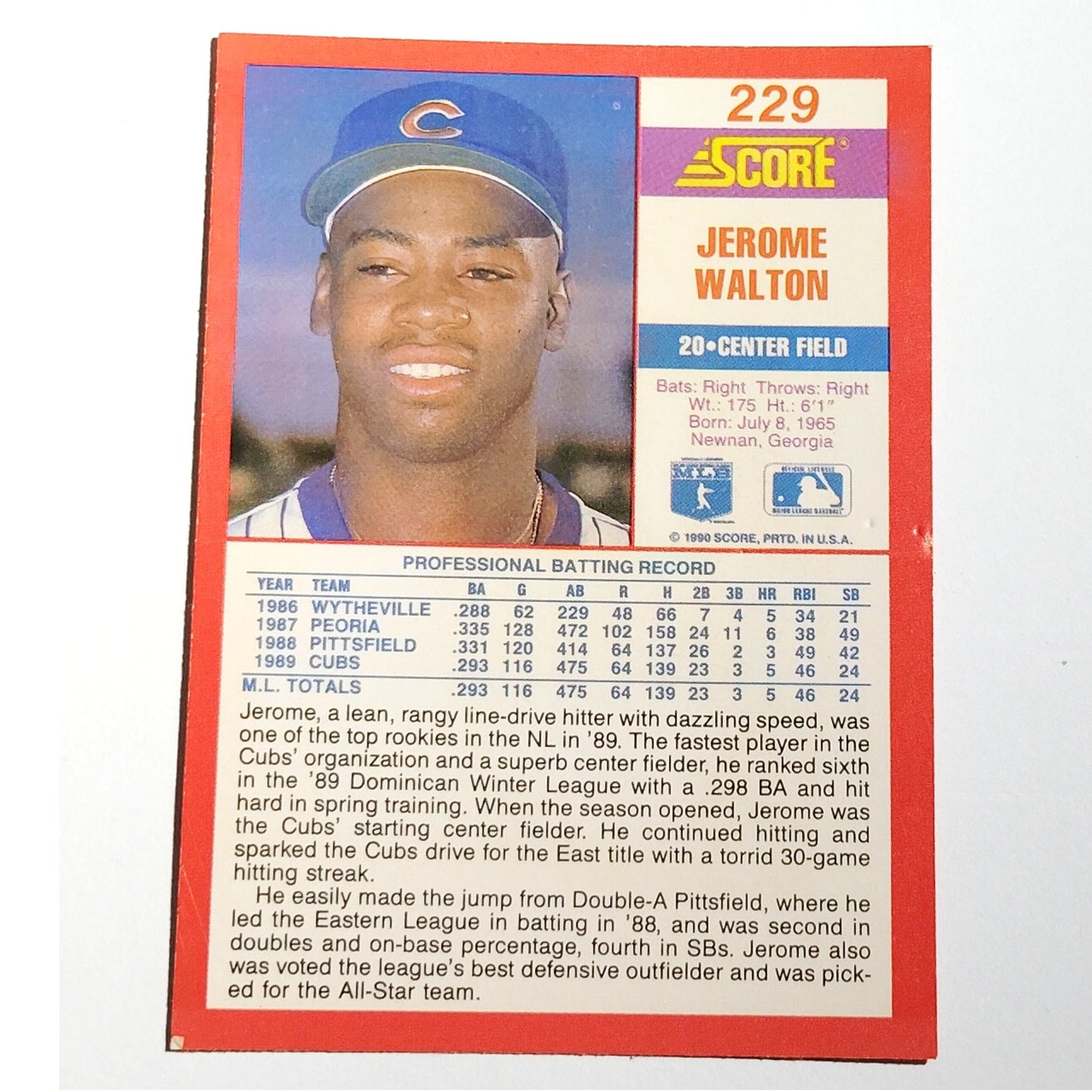 1990 Score Jerome Walton #229 Chicago Cubs Center Fielder Rookie MLB EX