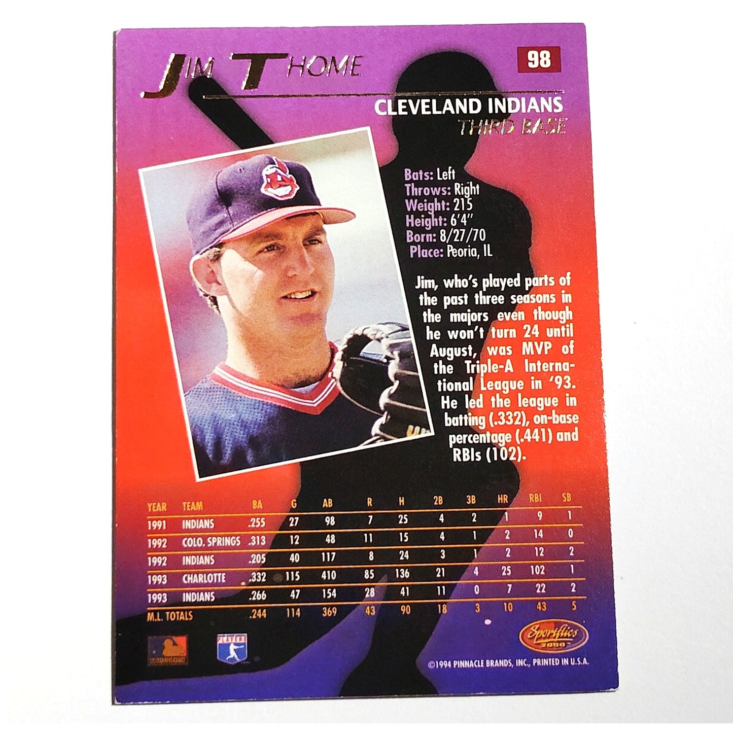 1994 Sportflics Jim Thome #98 Cleveland Indians 1B Lenticular Baseball Card NM