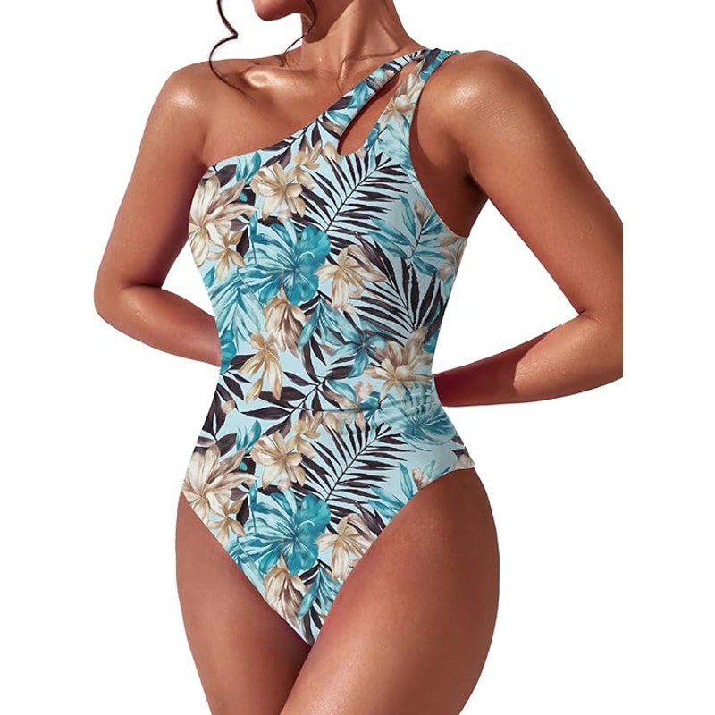 BEILON One Shoulder, Tummy Control Modest Full Coverage Keyhole, Tropical, XL