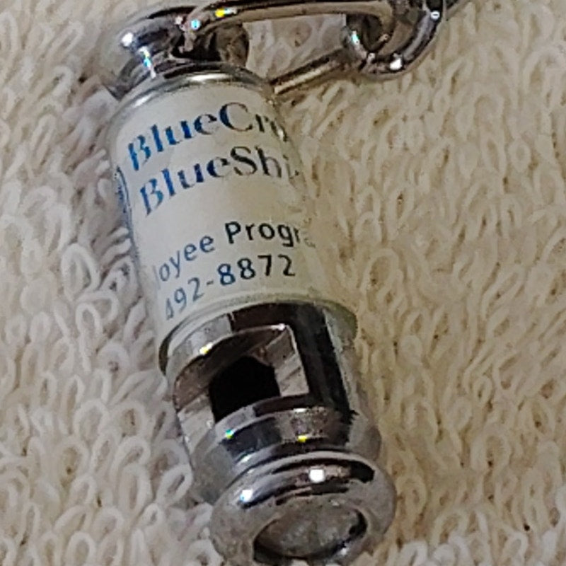 VTG BlueCross BlueShield Safety Whistle Chrome Cutout Cylinder w/ Clip Keychain