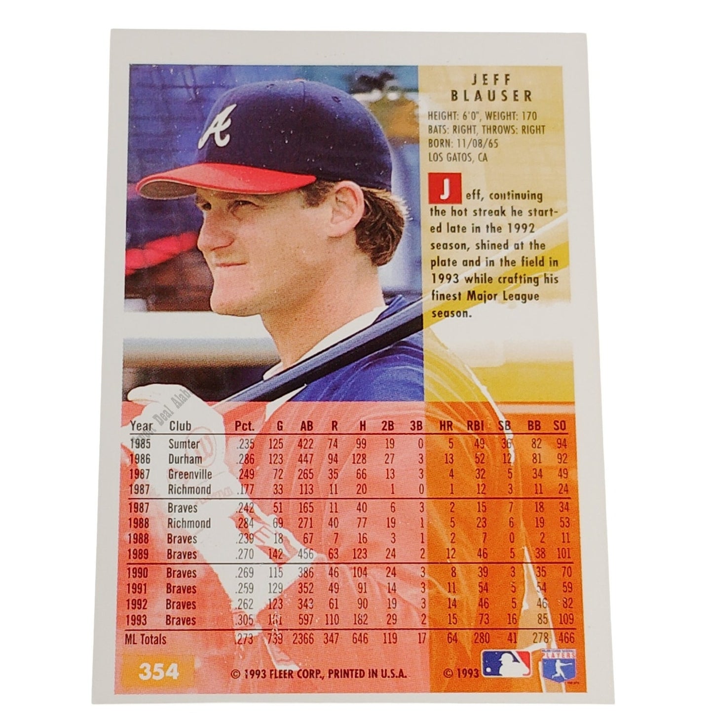 Jeff Blauser, Atlanta Braves, #354, 1994 Fleer Baseball Collector's Card