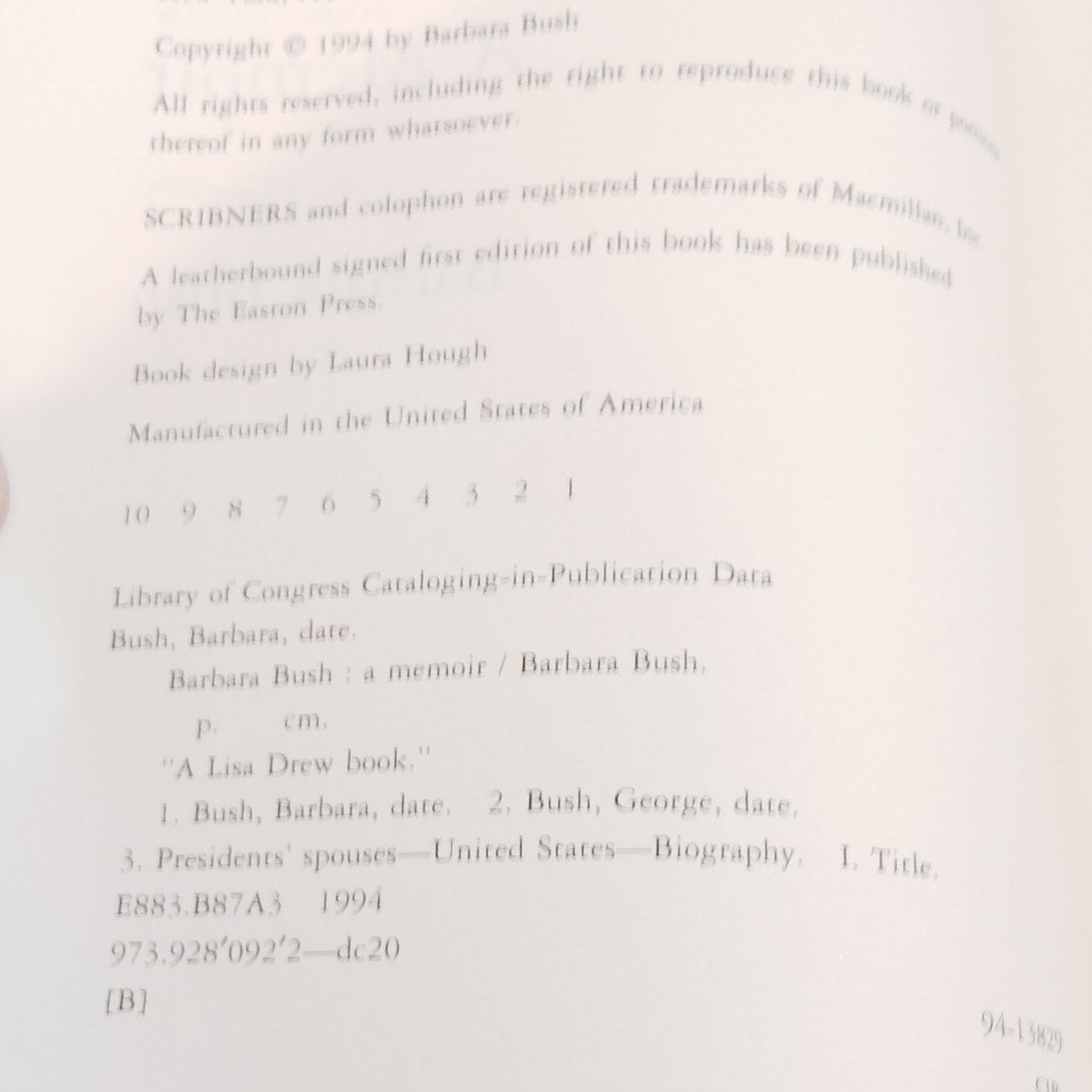 Barbara Bush: A Memoir - Hardcover 1994 Edition - Blue Dust Jacket