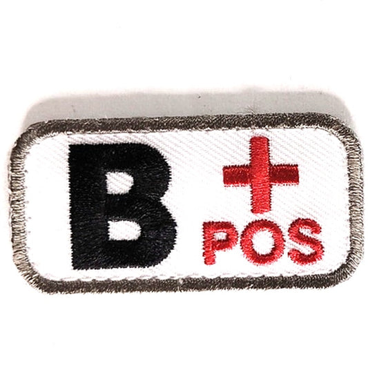 B+ POS Blood Type Patch Black, Red on White w/ Gray Border 2" × 7/8" Hook‑Back