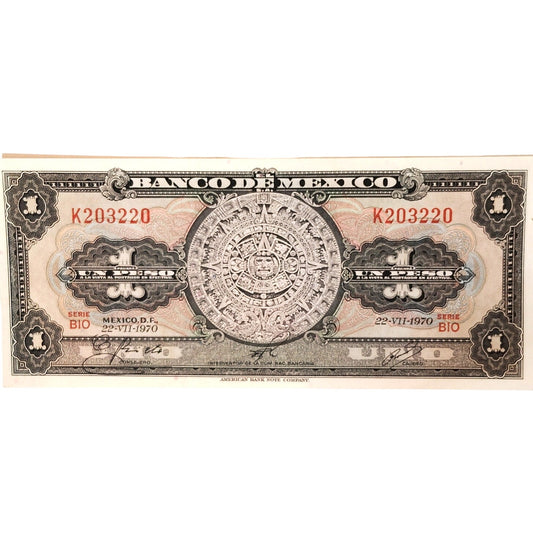 1970 Mexico 1 Peso Banknote Banco de Mexico Serie B10 UNC Aztec Calendar