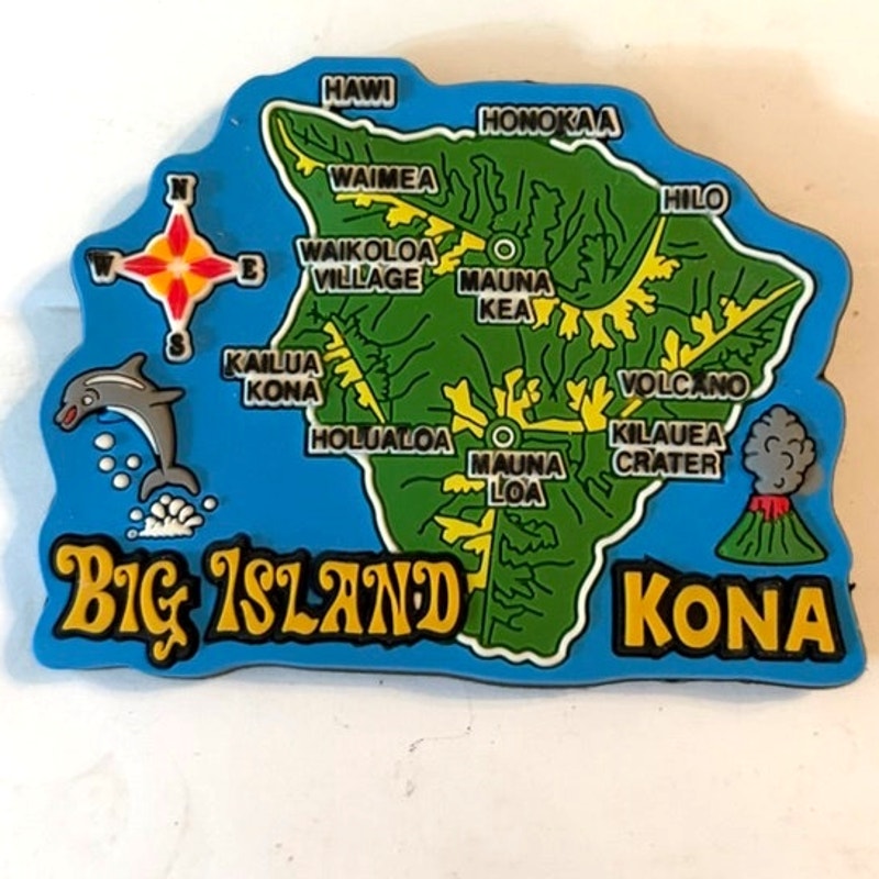 Big Island Kona Hawaii 3D PVC Map Magnet Dolphin Volcano Compass 3.125x2.375