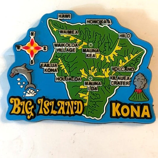 Big Island Kona Hawaii 3D PVC Map Magnet Dolphin Volcano Compass 3.125x2.375