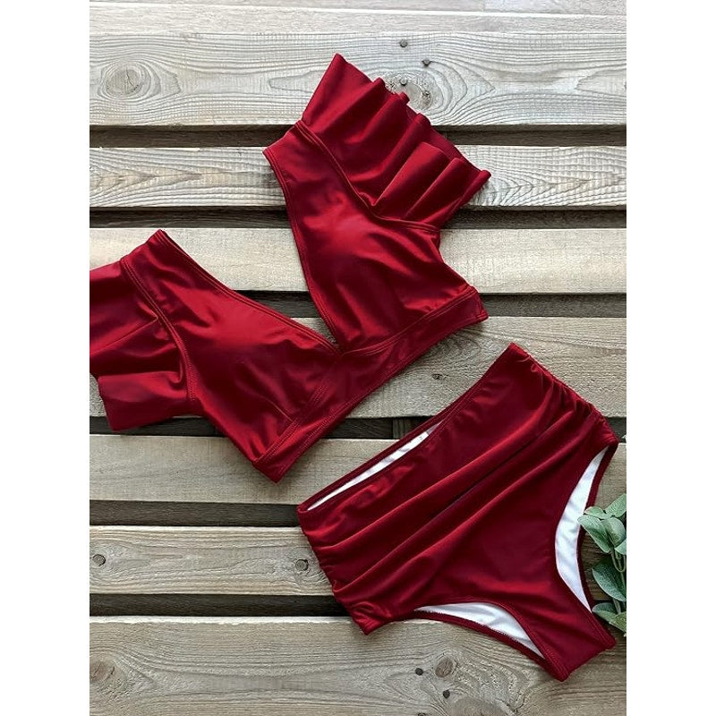 SPORLIKE Women Ruffle High Waist, Two Pieces Push Up Tropical Bikini, Red, L