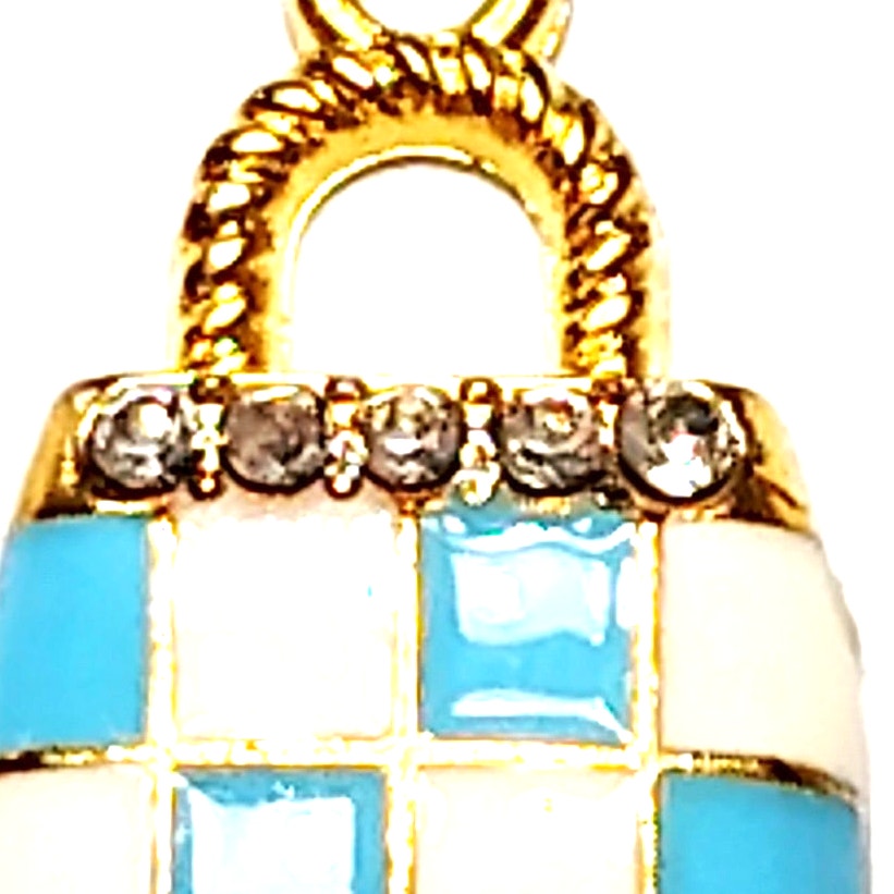 Blue Checkered Purse Charm Enamel Gold‑Tone with Rhinestones 5/8" Pendant