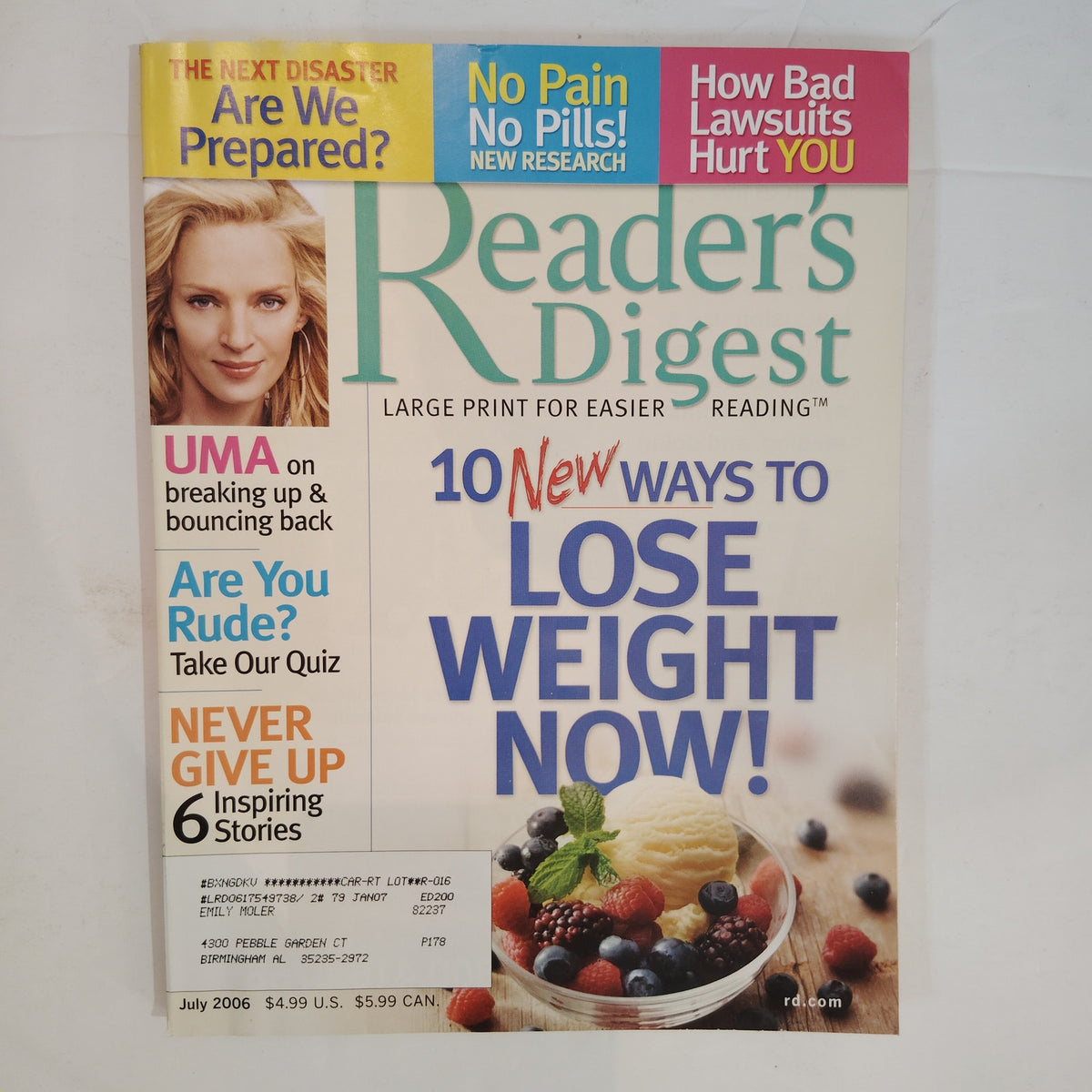 Reader's Digest Magazine July 2006 Large Print Uma Thurman Back Issue